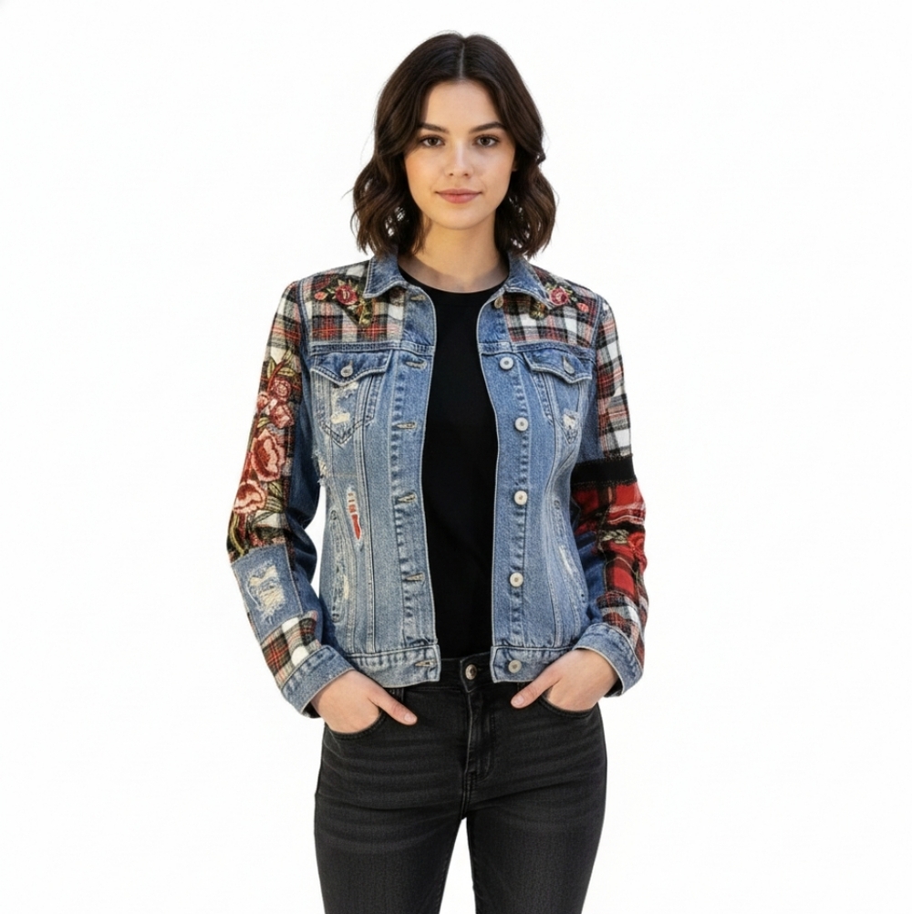 Upcycled Patchwork Plaid & Floral Denim Jacket By ThreadsReclaimed Size S